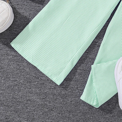 Spring Hot Sale Kids Outfit 4-12 Years Girls Striped Long Sleeve Chemise + Casual Loose Straight Leg Pants Shirt Suit 2Pcs Set