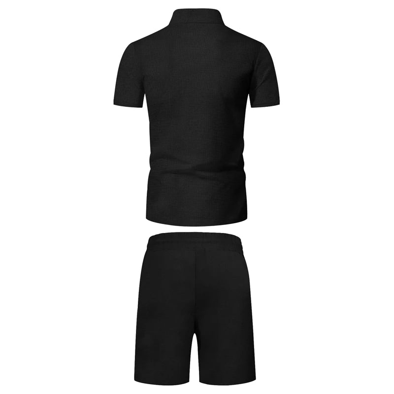 Men's Comfortable Short-Sleeved Waffle Polo Shirt And Shorts Set - Breathable Lightweight Spring/Summer Clothing.