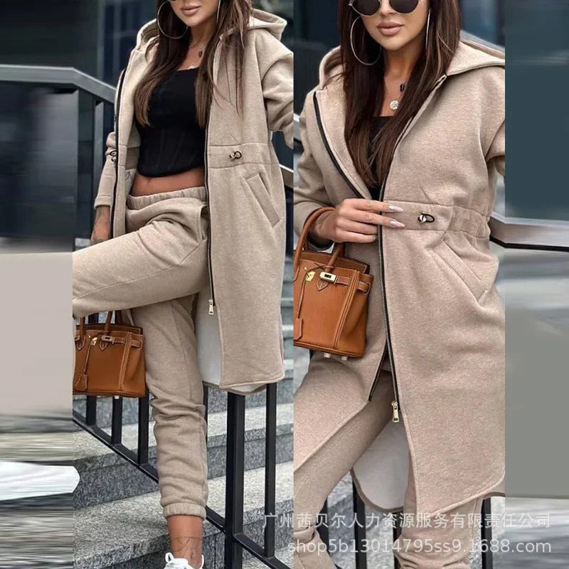 Autumn Winter New Women's Hooded Jacket Trousers Suit Casual Everyday Joker Two-Piece Set.