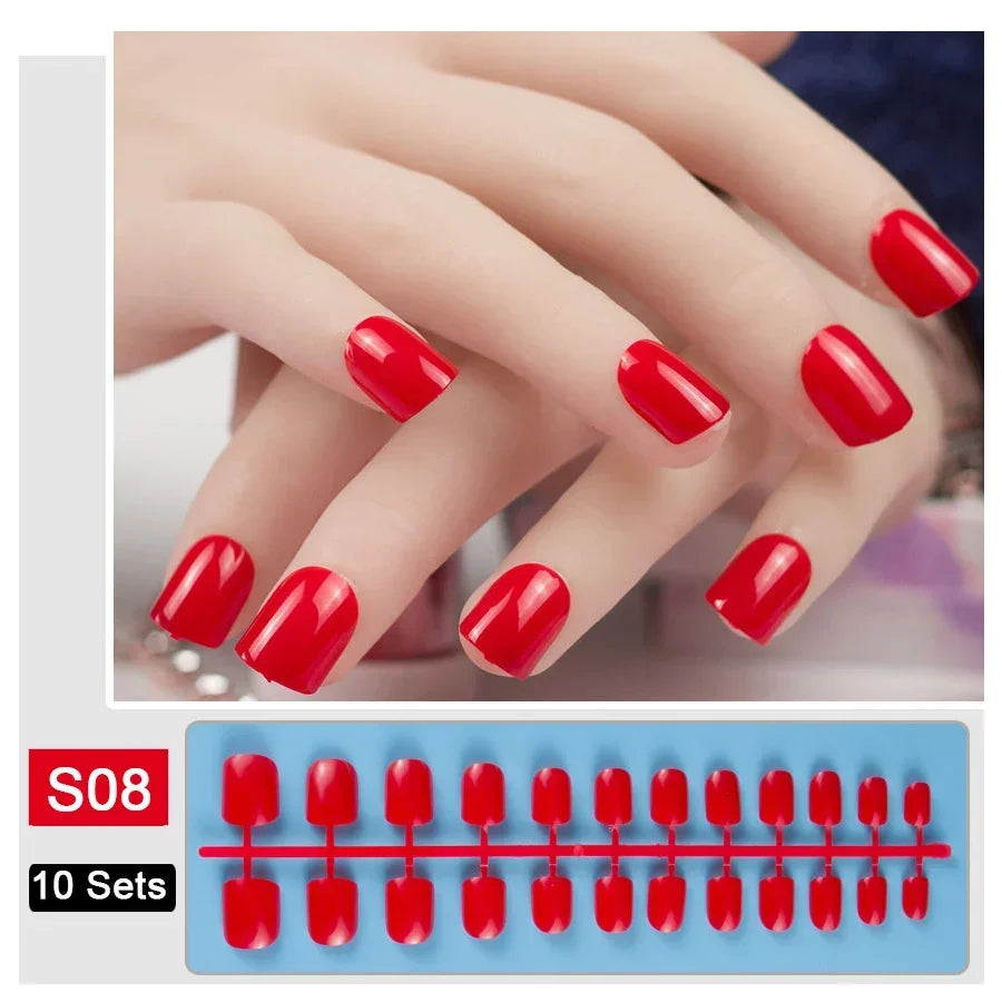 10 Sets/Pack Mixed Solid Colors Coffin Round Square Almond Shape False Nails Full Cover Nail Tips Short Fake Nails Tip Manicure
