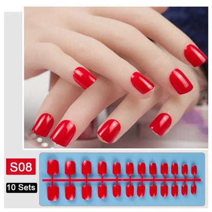 10 Sets/Pack Mixed Solid Colors Coffin Round Square Almond Shape False Nails Full Cover Nail Tips Short Fake Nails Tip Manicure