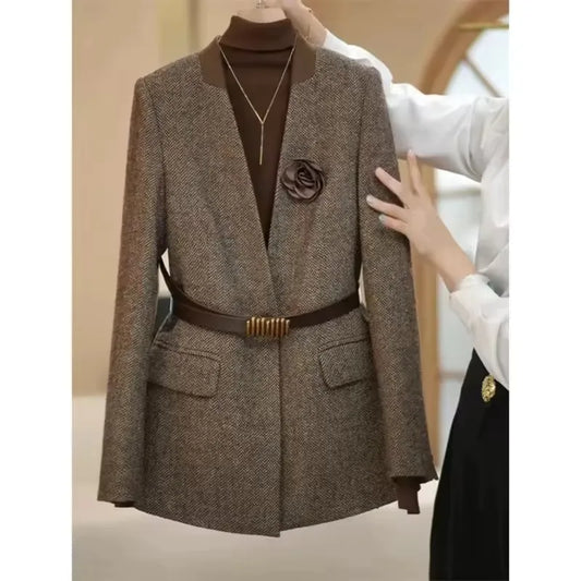 Mode Kaffee Woolen Anzug Jacke 2025, Herbst Winter Neue Damen Temperament V-ausschnitt Langarm Blazer Weibliche