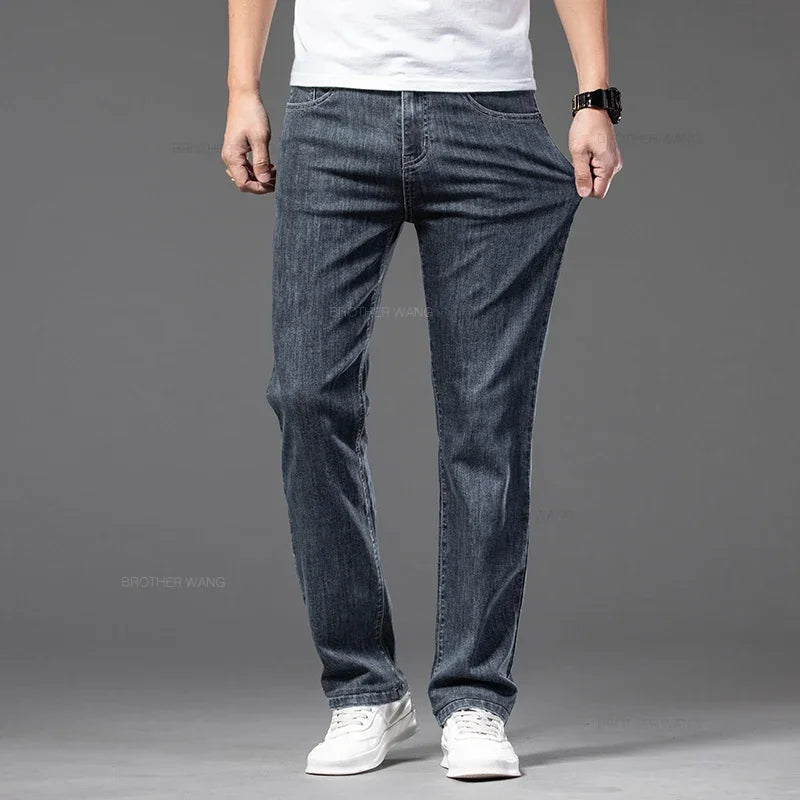 Spring Summer Thin Men's Classic Jeans Elastic Loose Straight Cotton Casual Denim Trousers Brand Clothing Business Male Pants.