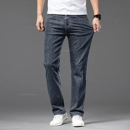 Spring Summer Thin Men's Classic Jeans Elastic Loose Straight Cotton Casual Denim Trousers Brand Clothing Business Male Pants.