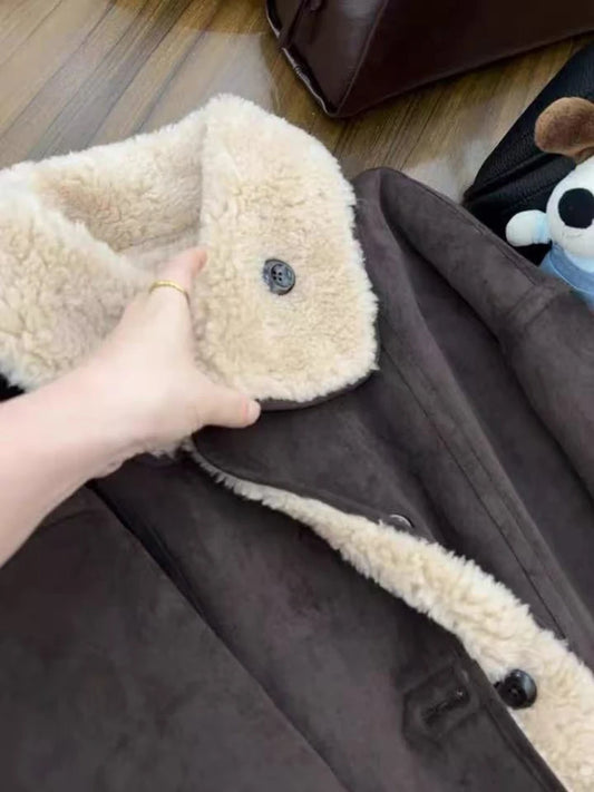 Dicke Lamm Warme Jacke für Frauen Winter Mode Doppelseitige Tragen Warme Pelz Mäntel Bf Koreanische Lose Einreiher Revers outwear