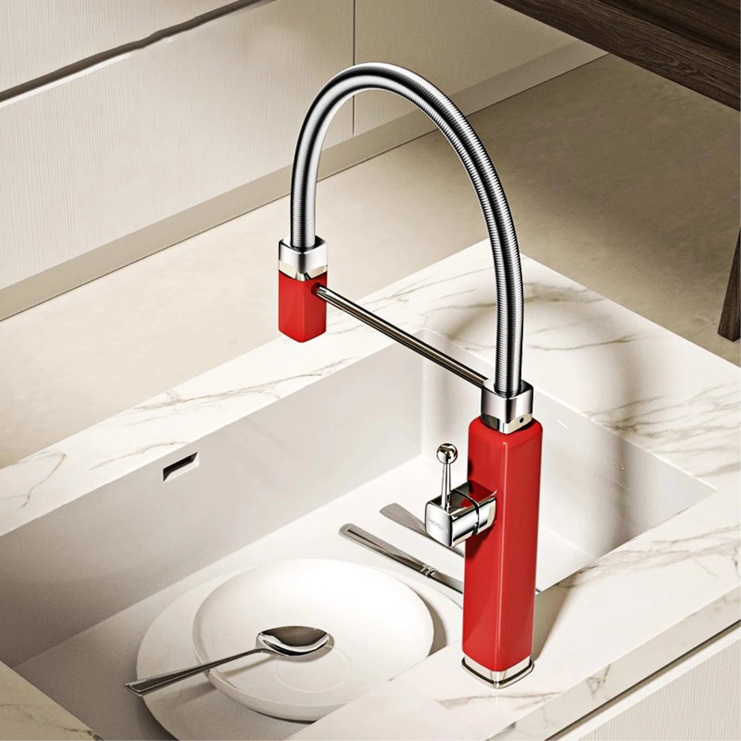 Modern red brass kitchen faucet with single handle and single hole ceramic valve core, hot and cold water pull-out sink Mixer