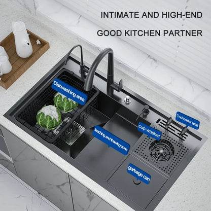 Nano Kitchen Sink Multi-Function Stepped Kitchen Sink 304 Stainless Steel Vegetable Washing Basin With High Pressure Cup Washer