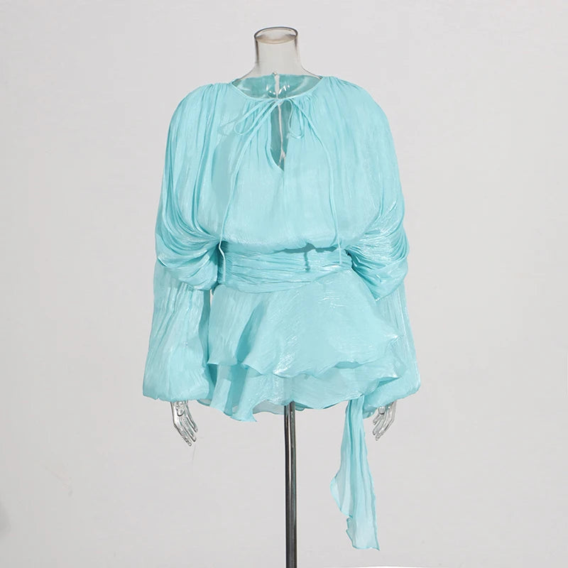 GALCAUR Solide Lose Splicd Lace Up Kleider Für Frauen V-ausschnitt Mit Langen Ärmeln Patchwork Rüschen Tunika Kleider Weibliche Mode Neue