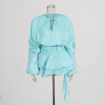 GALCAUR Solide Lose Splicd Lace Up Kleider Für Frauen V-ausschnitt Mit Langen Ärmeln Patchwork Rüschen Tunika Kleider Weibliche Mode Neue