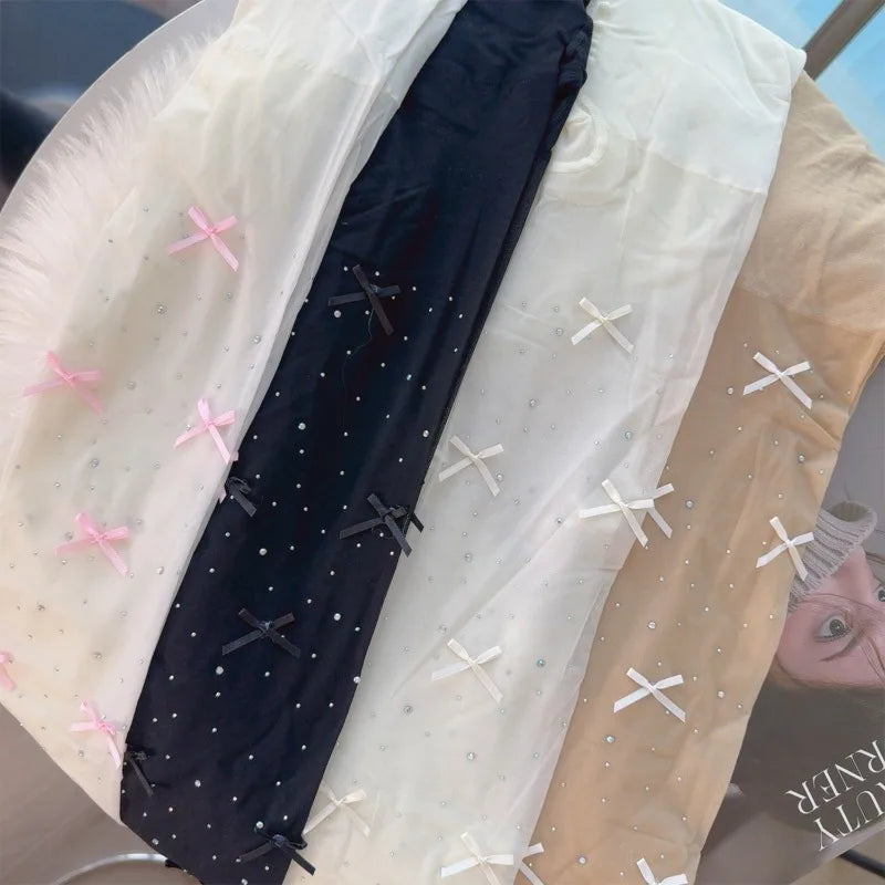 New Lolita Velvet Bowkont Embroidery Pearl Tights Pantyhose Flash Diamond Women Tight JK Style Sweet Girls Kawaii Cute Stockings.