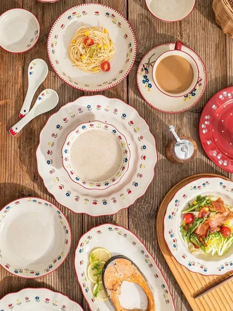 SOLECASA Ceramic Tableware Pastoral Style Rice Soup Bowl Fruit Salad Bowl Dish Pasta Dessert Plate Dinnerware Table Decoration.