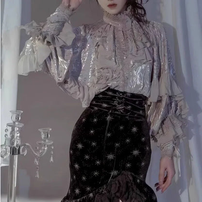 Lolita Y2k Gothic Dark Academia Clothes Loose Long Sleeve Shirt Women Y2k Stand Collar Ruffles Patchwork Blusas De Mujer.