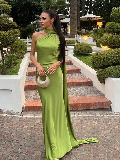 Band hängenden Hals lange Kleider schräg Schulter schnüren rücken frei seidig Satin Temperament Slim Fit Neck holder Frau Fischschwanz Kleid