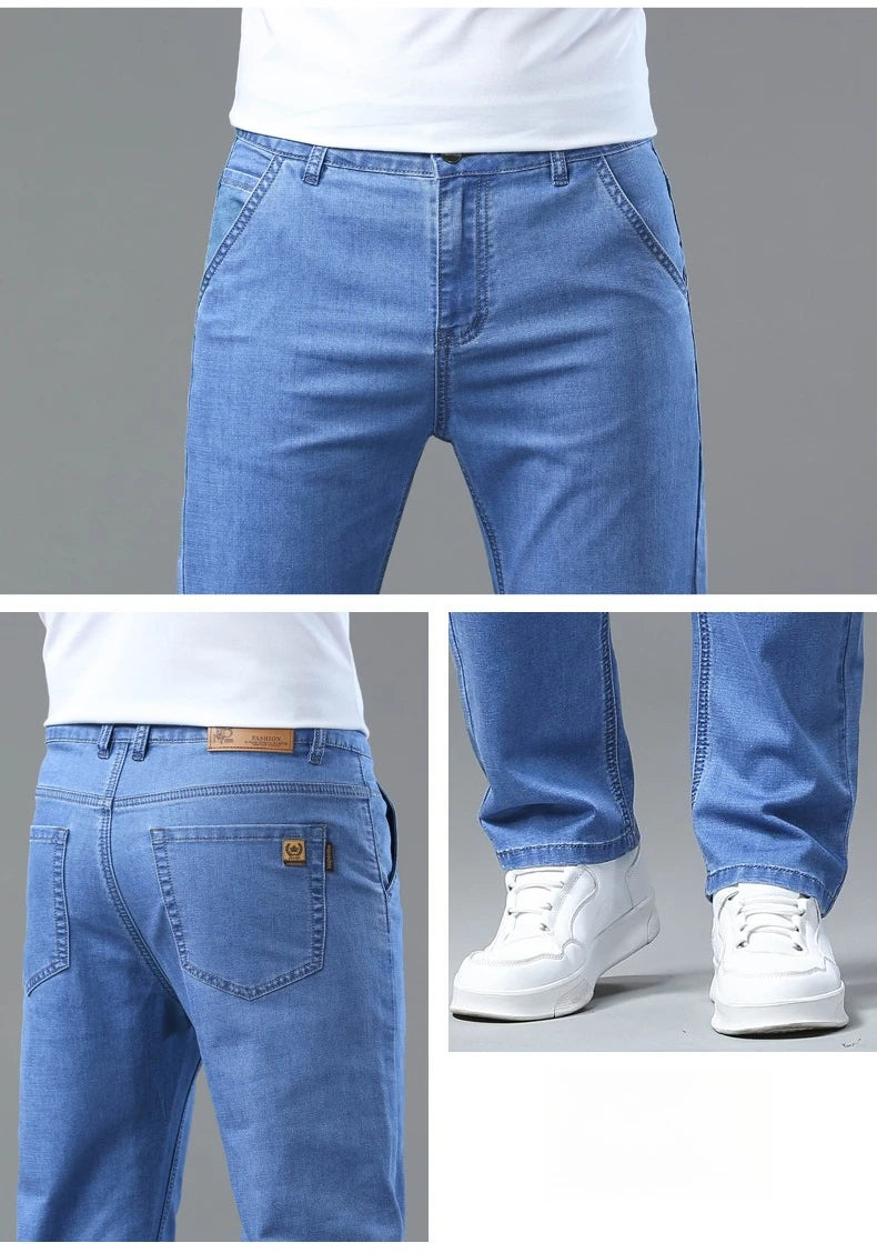 Men's Ice Silk Jeans Summer New Lyocell Thin Business Casual Denim Pants Classic All Match Slim Fit Straight Elastic Jean Male.