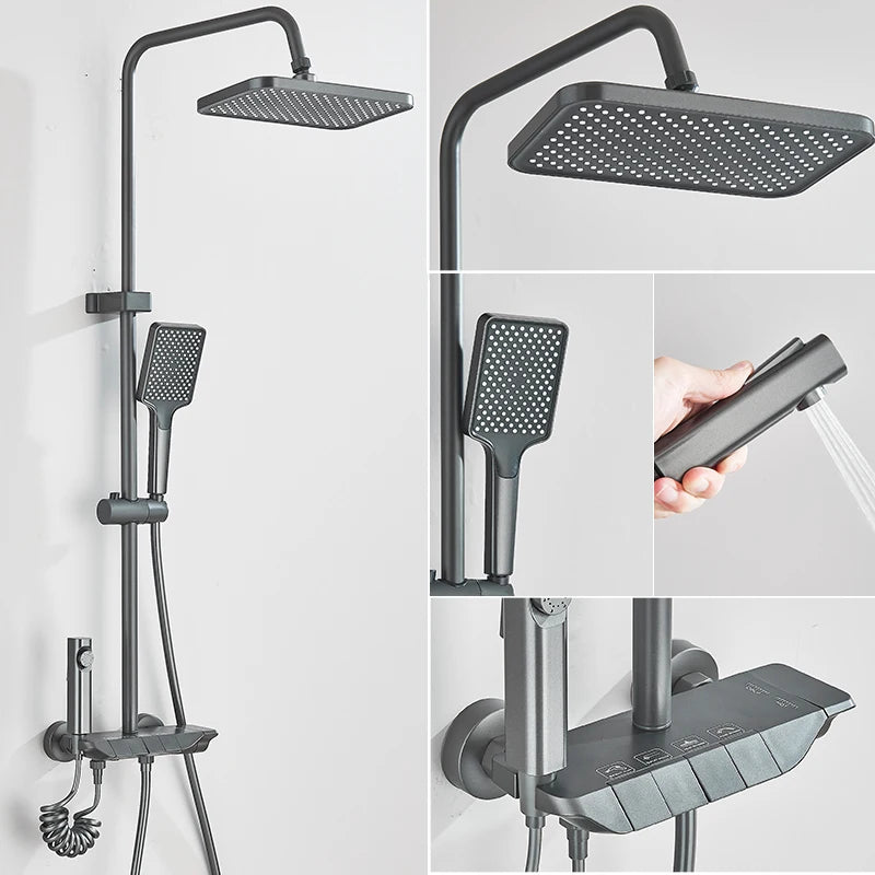 Smart Digital Display Shower Faucet Set Piano Style Rainlfall Bathroom System Grey Digital Mixer Tap Bidet Shower