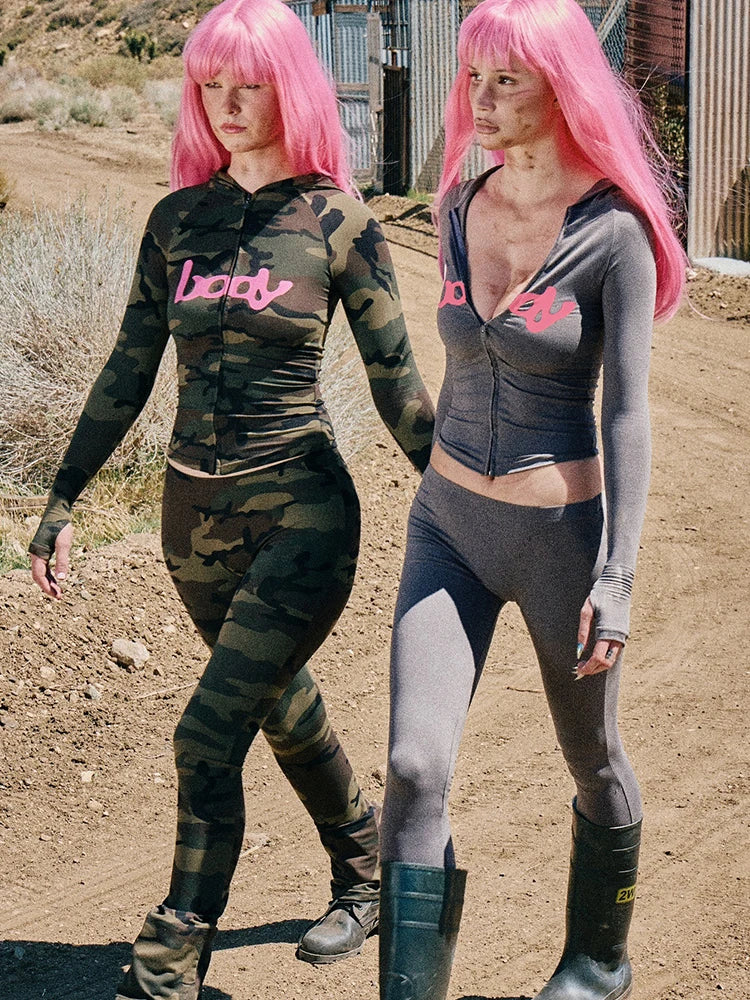 Weird Puss Letter Print 2 Piece Set Women Tracksuit Hooded Jacket+Leggings Matching Stretch Streetwear Casual Sporty Outfits.