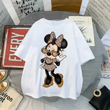 Disney New Minnie Kawaii Fun Damen bedrucktes T-Shirt Mode Sommer Cartoon Minnie Top Y2K Damen Extra großes Baumwoll-T-Shirt