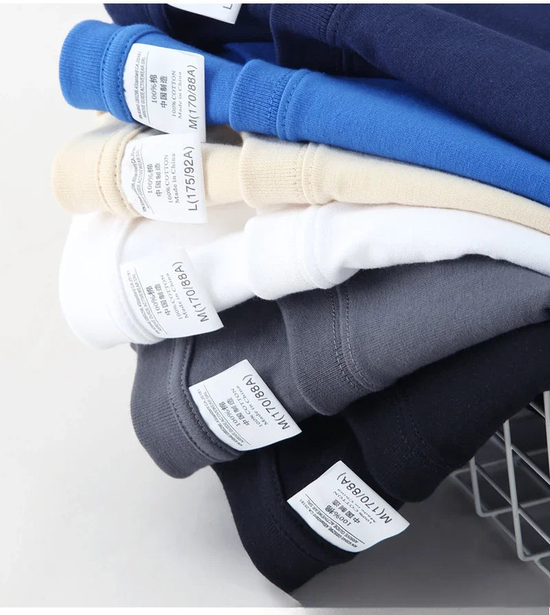 Spring Autumn 300g Heavy-duty Pure Cotton Long Sleeved  T-shirt FLoose White Top Thick Base Layer Underneath for Men and Women.