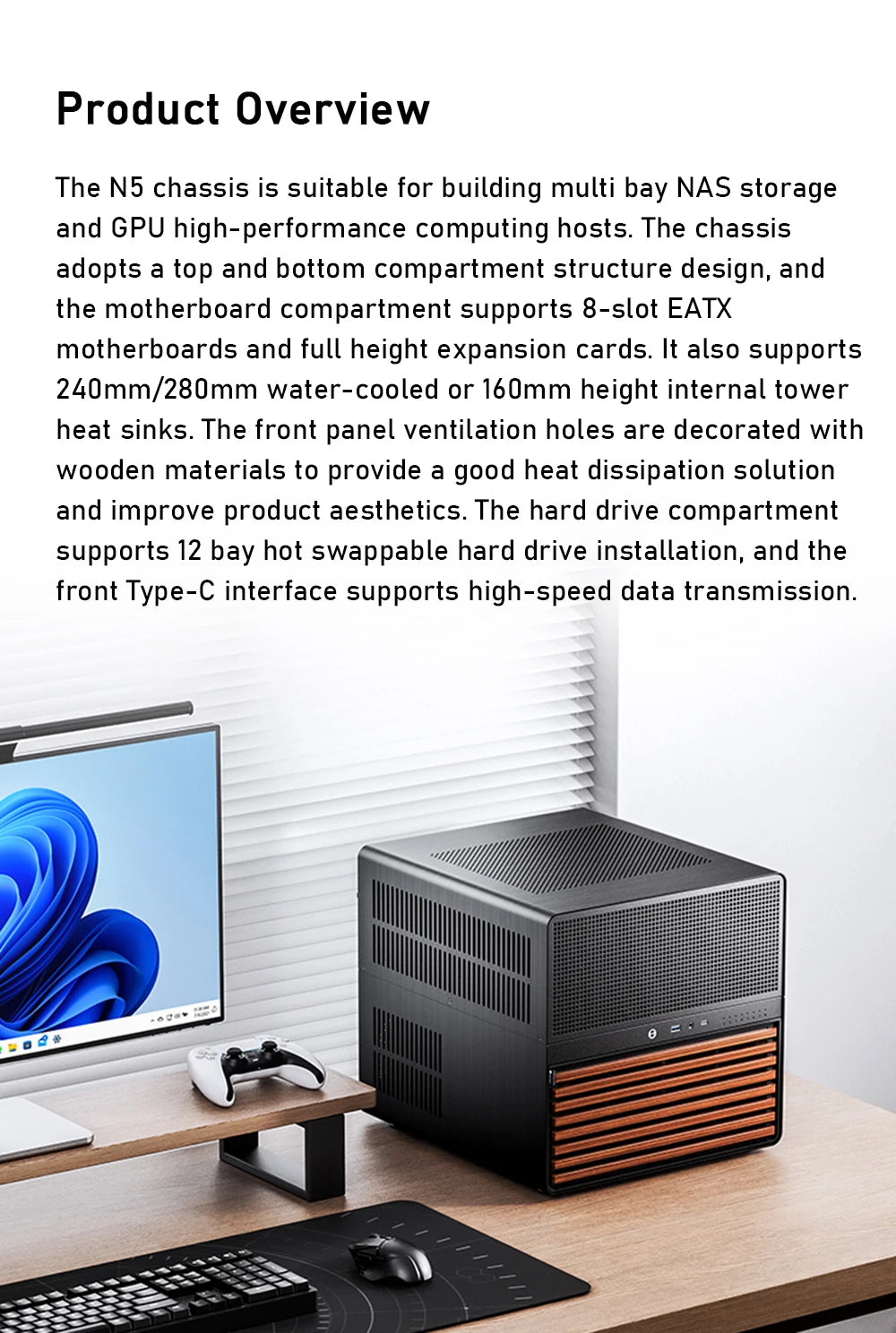 Jonsbo N5 NAS Computer Chassis ITX/M-ATX/ATX/E-ATX PC Case 12+4 Hard Disk Space ATX Power Supply With Fan Aluminum Desktop Case.