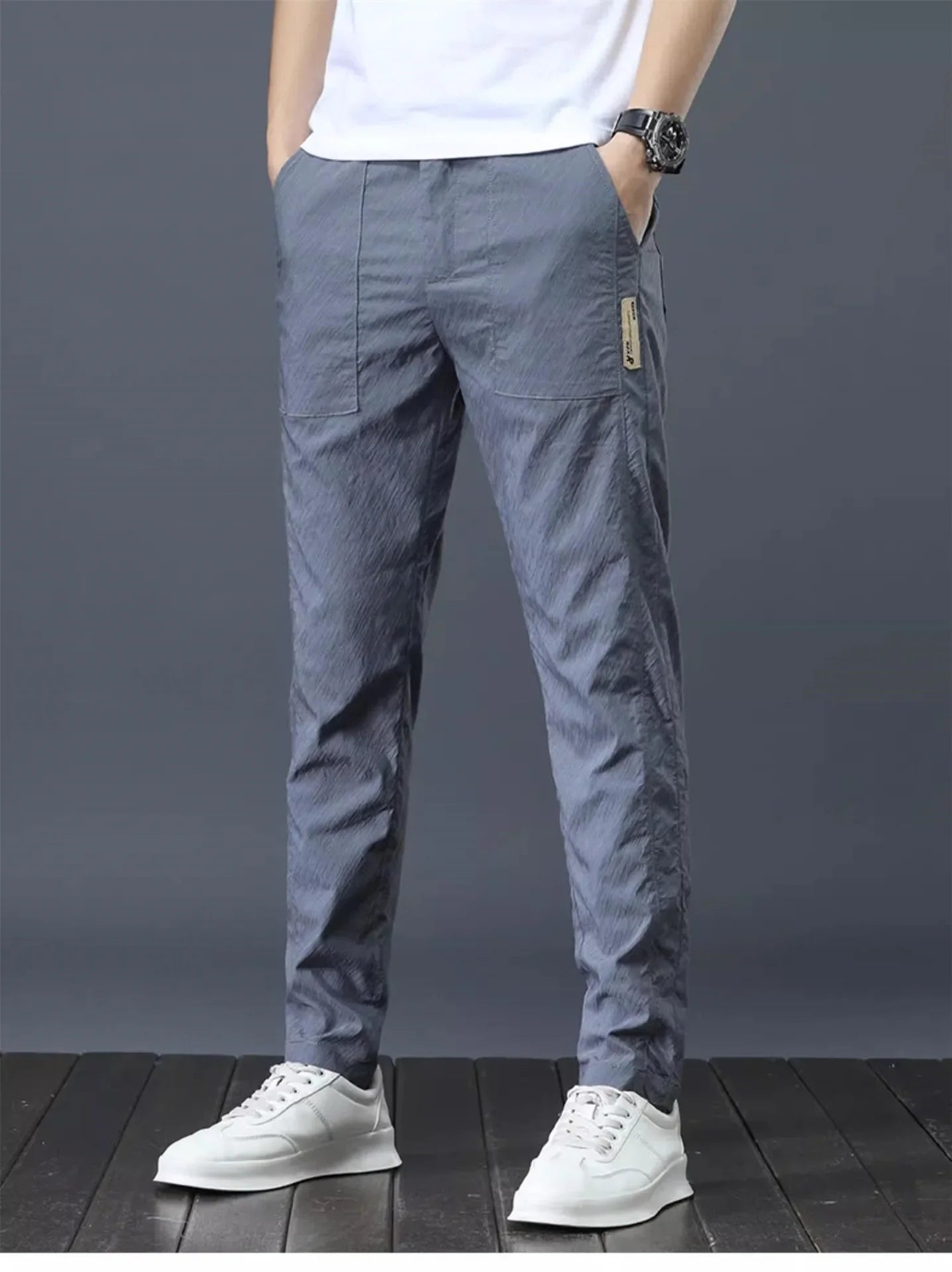 Men's Ice Silk Ultra-thin Casual Pants Korean-style Trendy Loose-fit Straight-leg Lightweight Quick-dry Long Trousers For Summer.
