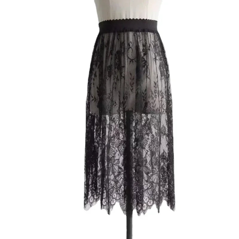 2 Length Elegant Black Skirt White Lace Transparent Long Tulle Skirt Ladies Elastic High Waist Beach Midi Skirt Drop shipping.