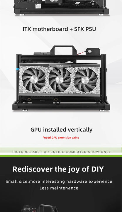 METALFISH ITX A4 Aluminum Open Frame Case, Vertical GPU, 240mm Cooler, Mini-ITX Compatible, DIY Gaming PC.