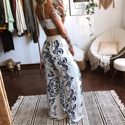 Sexy Two Piece Set Women Outfit 2025 Summer Butterfly Print V-Neck Cropped Top High Waist Drawstring Casual Wide Leg Pants Sets