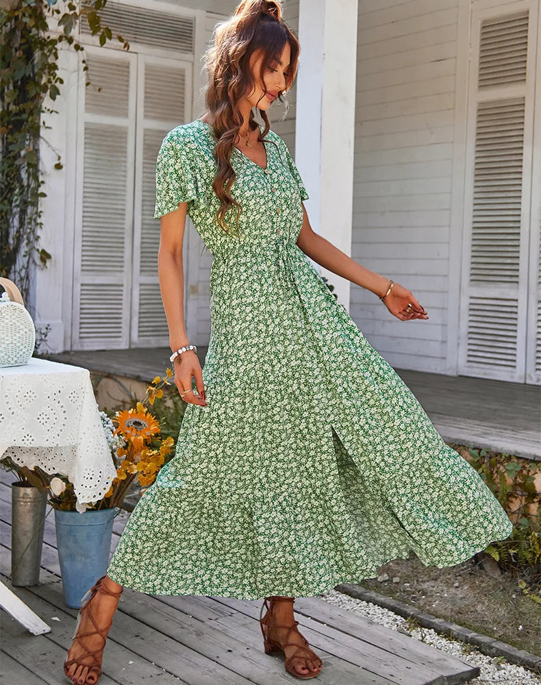 Damen Vintage Lange Blumen Druck Sommer Kleid Frauen Lose Beiläufige Taste Böhmischen Strand Kleid Frauen Sommerkleid Robe Vestidos Weibliche.