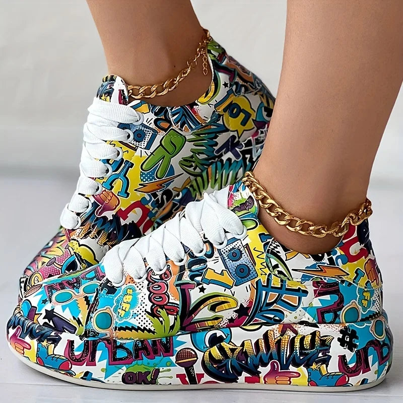 Women's Graffiti Print Sneakers Fashion Lace-up Low-top Platform Sneakers Casual Skateboard Shoes Sneakers New Vulcanized Shoes.