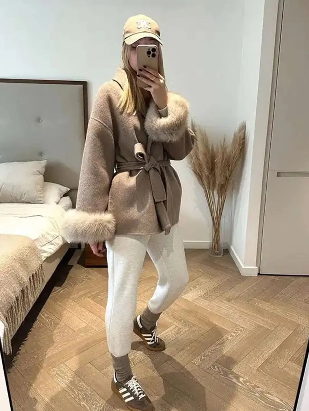 2025 Autumn Winter Chic Lapel Plush Coat With Belt Women Vintage Faux Fur Sleeve Tweed Open Coats Female Casual Street Outwear