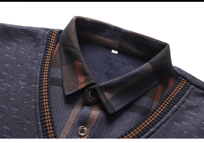 New Autumn Winter Sweaters Men's Velvet Pullover Knitted Bottom Shirts Men's Polo Pullover Wine Red Fleeced Knitwear.