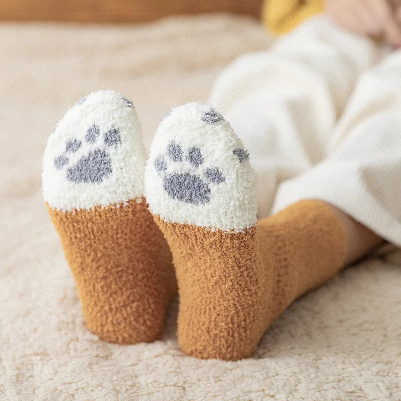 Women Winter Warm Fluffy Socks Cute Animal Claw Cat Paw Footprint Fuzzy Socks Female Thick Coral Fleece Home Floor Sleep Socks.
