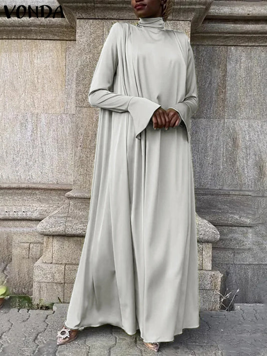 VONDA Frauen Böhmischen Lange Maxi Kleid 2024, Elegante Langarm Hohe Kragen Roben Casual Einfarbig Vestidos Vintage Sommerkleid