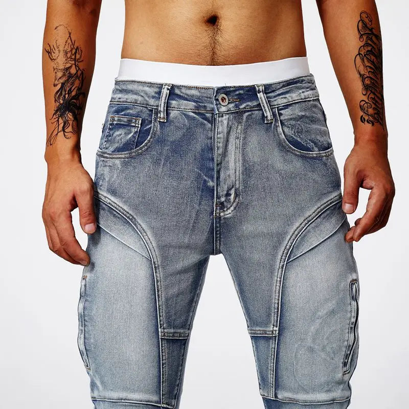 Two tone distressed patchwork jeans for men trendy jeans for summer thin straight leg pants slim fit small leg distressed jeans.