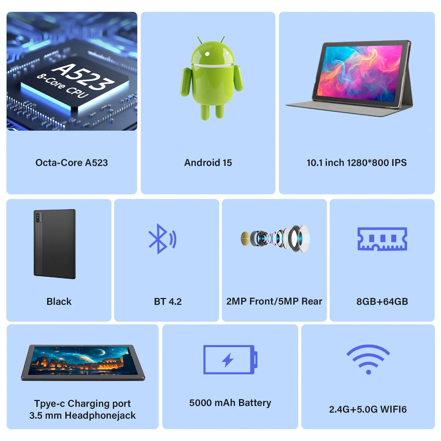 ANRY 2025 Android 15 IPS Display 10.1 Inch 8GB(4+4 Expand) RAM+64GB ROM Tablet 5000Mah Dual Camera 5GWifi A523 Octa-core Tablets.