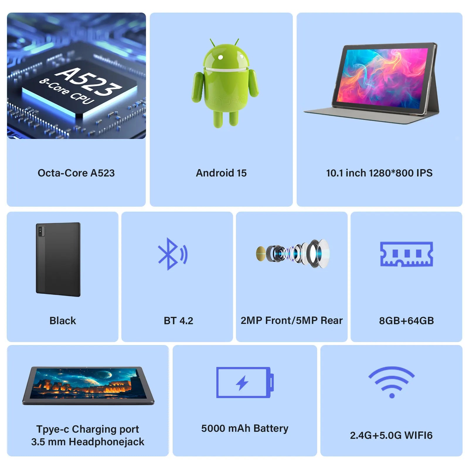 ANRY 2025 Android 15 IPS Display 10.1 Inch 8GB(4+4 Expand) RAM+64GB ROM Tablet 5000Mah Dual Camera 5GWifi A523 Octa-core Tablets.