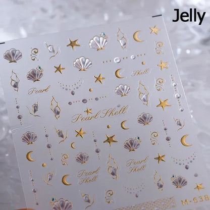 Ocean Theme 5D Nail Sticker Summer Beach Seashells Starfish Conch Scallop Shell Coral Self Adhesive Decoration Manicure Decal