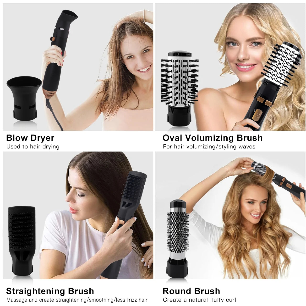 Hatteker EU 4-Head Hot Air Brush Hair Dryer Strong Wind Electric Straightener Curler Roller Comb Blower Styling Tool for Woman.