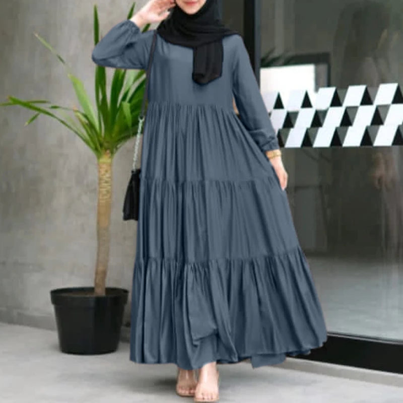 ZANZEA Muslim Fashion Tiered Long Dresses Women Islamic Hijab Style Casual Long Sleeve O Neck Maxi Vestidos Solid Abaya Robes.