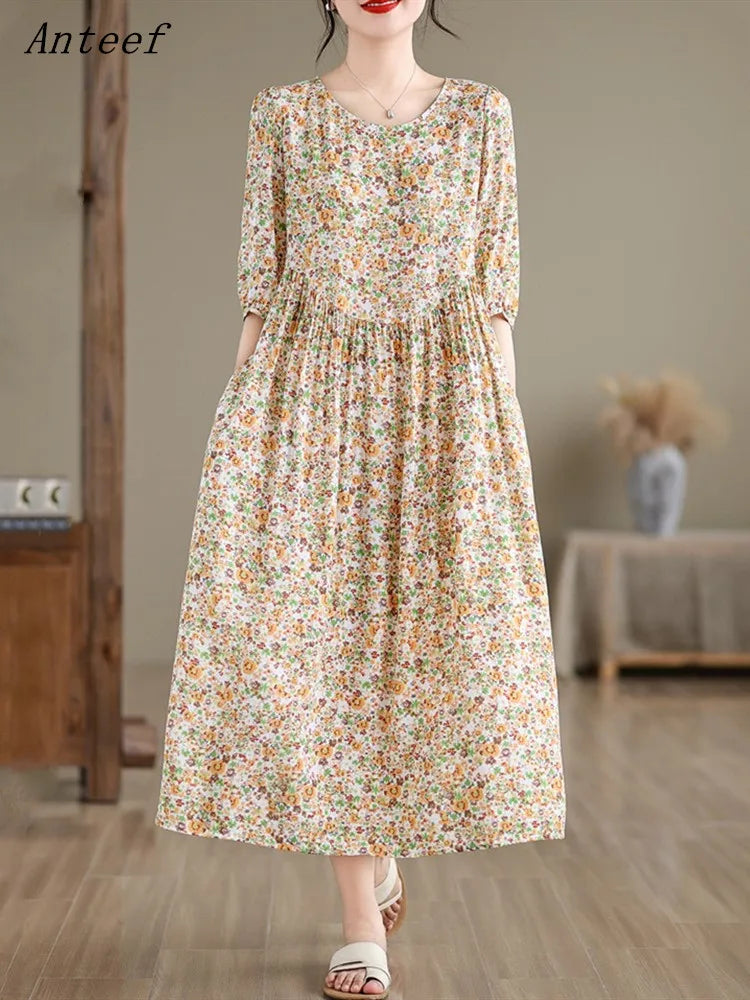 Kurzarm übergroße Baumwolle Satin Vintage Blumen neu in Kleidern für Frauen lässig lose lange Sommerkleid elegante Kleidung.