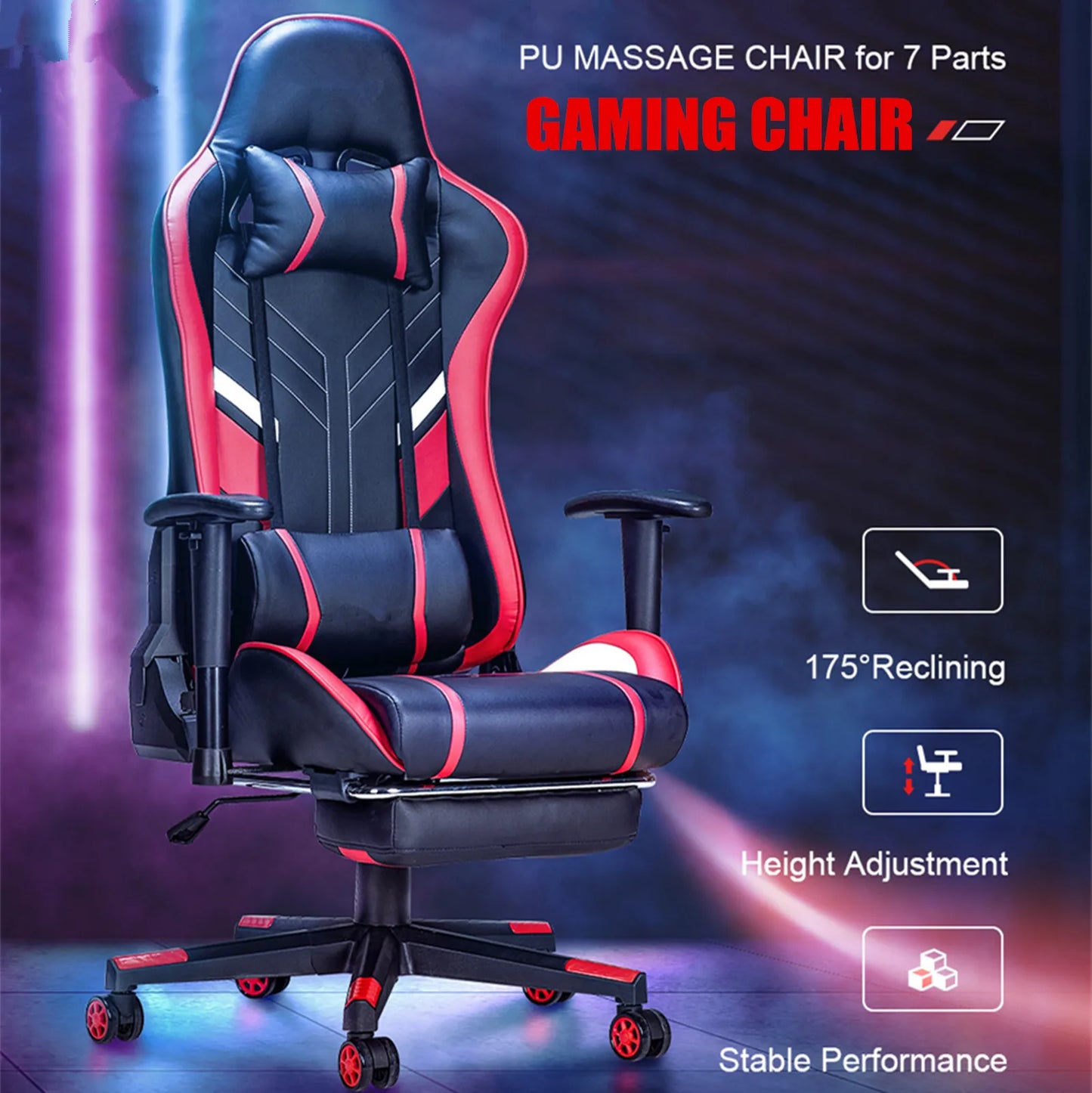 Massage-Gaming-Stuhl, 7-Punkt-Sitzhöhe, ergonomischer Bürostuhl mit Fußstütze und Lordosenstütze, GC-RC03 Stühle