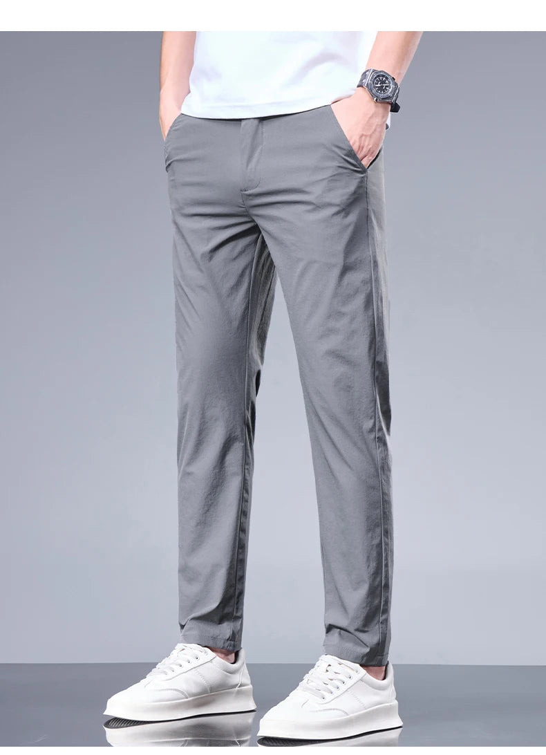 Summer New Business Ice Silk Pants Straight Elastic Waist Black Gray Trousers Breathable Simple Male Clothing Casual Suit Pants.