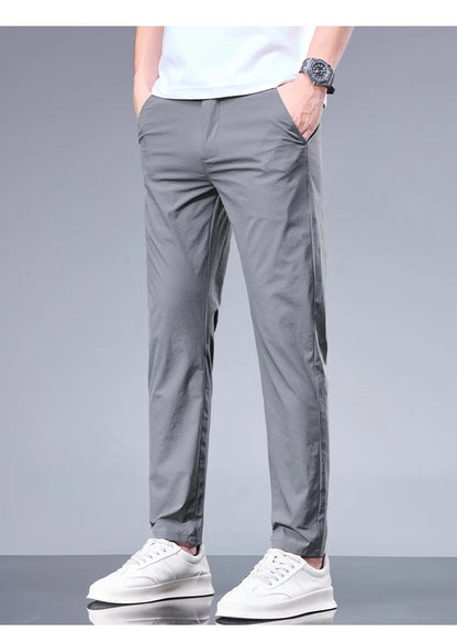 Summer New Business Ice Silk Pants Straight Elastic Waist Black Gray Trousers Breathable Simple Male Clothing Casual Suit Pants.
