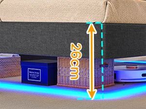 140 x 200 Lattenrost aus Holz mit LED-Beleuchtung, Plüsch, 140 x 200 cm, gepolstertes Bett, graues Leinen-Kopfteil, Schlafzimmermöbel