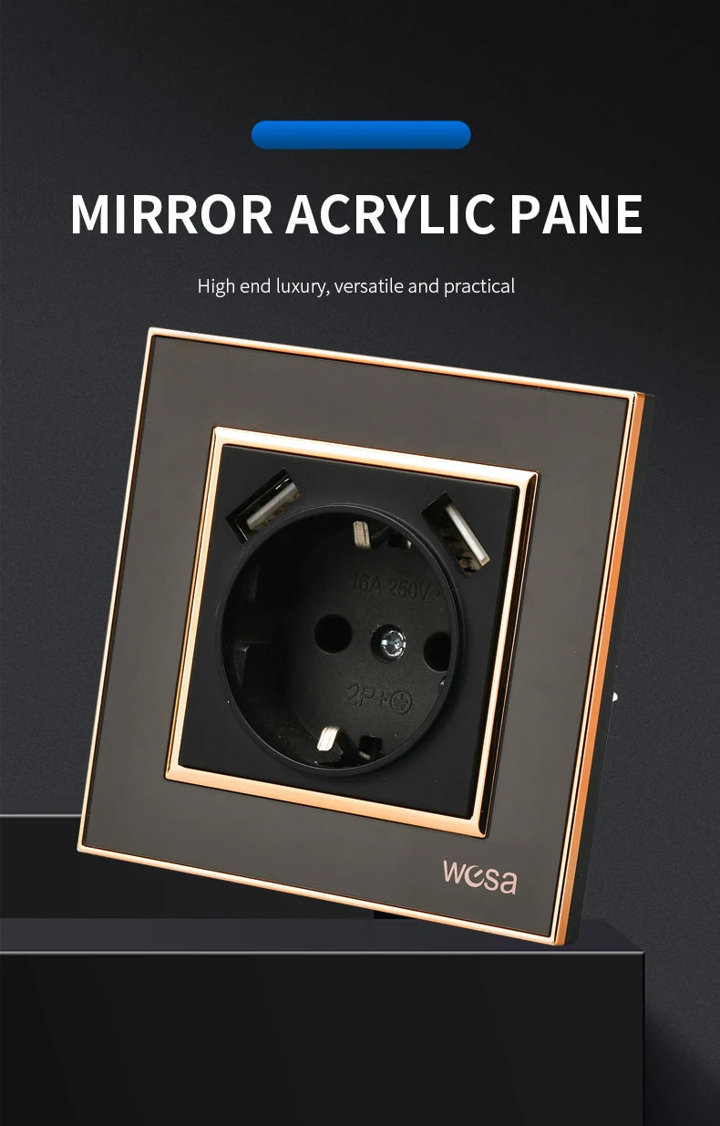 WESA Schwarze Spiegel-Acryl-Steckdose mit 2 USB-Steckdosen nach EU-Standard, Standard-Erdungsstecker, Steckdose, flammhemmend.