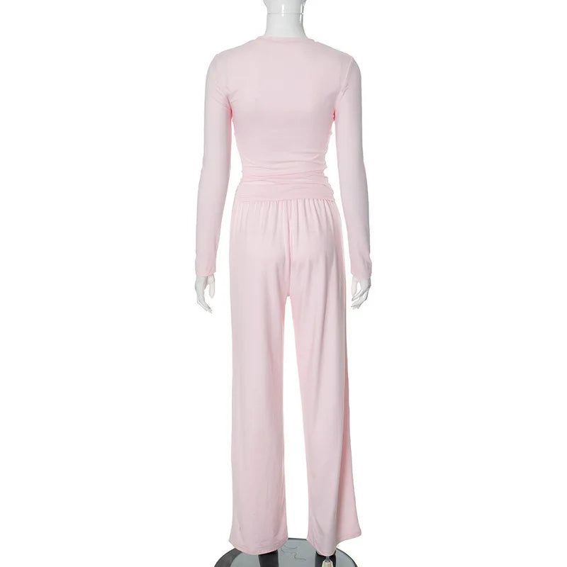 Apprabant Solid Pleated Casual Basic Trousers Set Round Neck Long Sleeve Top Fashion Sports Style High Waist Wide Leg Pants Suit.