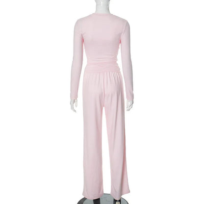 Apprabant Solid Pleated Casual Basic Trousers Set Round Neck Long Sleeve Top Fashion Sports Style High Waist Wide Leg Pants Suit.