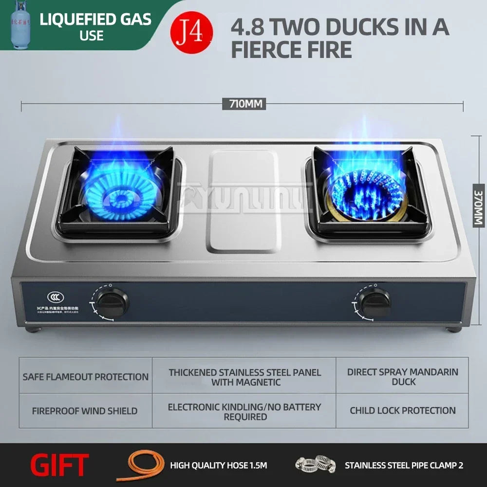 Desktop Stainless Steel Double Stove Household Bench Top Strong Fire Liquefied Natural Gas Stove.