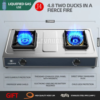 Desktop Stainless Steel Double Stove Household Bench Top Strong Fire Liquefied Natural Gas Stove.