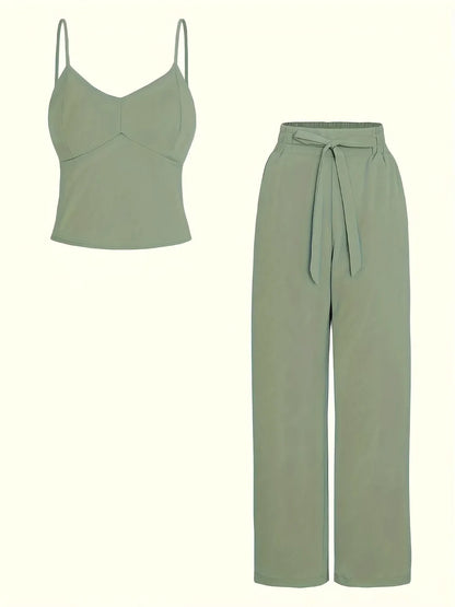 Women's fashion elegant suspender trousers set solid color casual elegant fake belt cw32369.